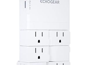 ECHOGEAR Wall Outlet with USB Ports & Surge Protection - Power & Protect 8 أجهزة مع 6 مقابس تيار متردد دوارة ومنفذين USB - يتضمن 1x USB-C ومنفذ 1x USB-A - أبيض