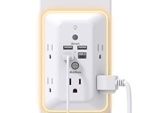 حامي عرام ، موسع مخرج مع ضوء ليلي ، مقسم Addtam 5 منافذ و 4 منافذ USB (1 USB C) ، شريط طاقة لشاحن الحائط USB ، منفذ مقابس متعدد للمنزل والمكتب والمدرسة ، مدرج في ETL