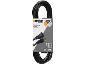 Woods 990261 16/3 SJTW 15 قدمًا ملحق أسود للأغراض العامة ، مرآب للخدمة الخفيفة وخالي من التشابك وسلك طاقة ورشة العمل