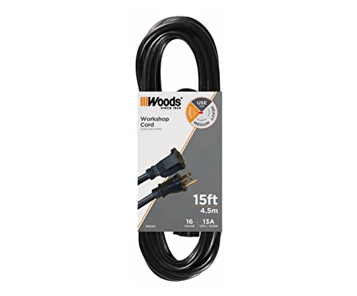 Woods 990261 16/3 SJTW 15 قدمًا ملحق أسود للأغراض العامة ، مرآب للخدمة الخفيفة وخالي من التشابك وسلك طاقة ورشة العمل Woods 990261 16/3 SJTW 15 قدمًا ملحق أسود للأغراض العامة ، مرآب للخدمة الخفيفة وخالي من التشابك وسلك طاقة ورشة العمل
