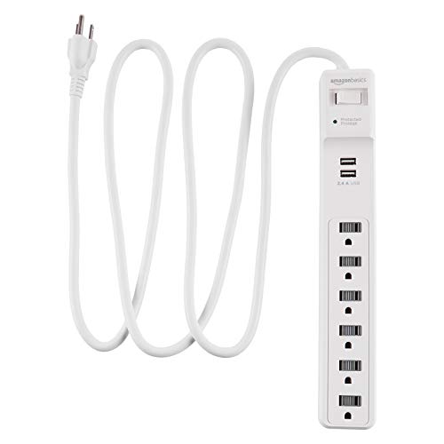 Amazon Basics 6-Outlet Surge Protector Power Strip مع منفذين USB - 1000 جول ، أبيض Amazon Basics 6-Outlet Surge Protector Power Strip مع منفذين USB - 1000 جول ، أبيض