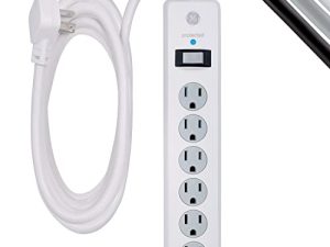 GE 6-Outlet Surge Protector ، سلك تمديد 10 قدم ، قطاع طاقة ، 800 جول ، قابس مسطح ، أغطية أمان ملتوية للإغلاق ، مدرج في قوائم UL ، أبيض ، 14092