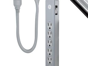 GE 6-Outlet Surge Protector ، 2 قدم سلك تمديد ، قطاع طاقة ، 450 جول ، قابس مسطح ، أغطية أمان ملتوية للإغلاق ، مدرج في قوائم UL ، رمادي ، 62453