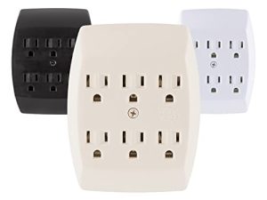 حنفية حائط موسعة GE 6-Outlet ، مهايئ مؤرض ، قاعدة شحن ، 3 فتحات ، تثبيت آمن ، مدرج في قوائم UL ، لوز فاتح ، 54946
