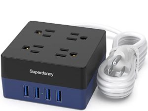 واقي عرام لقطاع الطاقة USB - محطة شحن قابلة للتركيب على SUPERDANNY مع 4 منافذ تيار متردد متباعدة على نطاق واسع و 4 منافذ USB ذكية وسلك تمديد سطح المكتب 5 أقدام للمنزل والمكتب والفندق وغرفة النوم و RV ، أزرق
