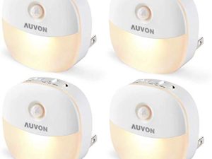 AUVON Plug-in LED Motion Sensor Night Light ، ضوء ليلي LED أبيض دافئ صغير مع مستشعر حركة من الغسق إلى الفجر ، سطوع قابل للتعديل لغرفة النوم والحمام والمطبخ والممر والسلالم (4 عبوات)