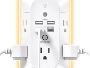 حامي عرام ، موسع مخرج مع ضوء ليلي ، شريط طاقة ، 5 مقسم منافذ (3 جوانب) و 4 شاحن USB (1 USB C) ، شاحن حائط USB ، منافذ توصيل متعددة مع منافذ متباعدة للمنزل والمكتب ...