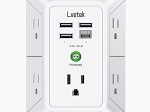 شاحن حائط USB , LVETEK واقي عرام 5 موسع مخرج مع 4 منافذ USB (منفذ USB C واحد) 3 جوانب 1680J شرائط طاقة مهايئ جداري متباعد للمنزل والسفر والمكتب مدرج في ETL