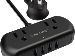 شريط طاقة مع USB ، واقي تصاعد صغير SUPERDANNY مع منفذين متباعدتين و 4 منافذ USB وسلك تمديد 5 قدم وقابس مسطح ومحطة شحن مكتبي صغيرة الحجم للسفر والمنزل والمكتب والأسود