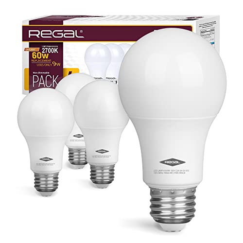 ريجال LED لمبة A19 800 لومن ، 9 وات (مكافئ 60 وات) ، قاعدة E26 ، غير قابلة للخفت (دافئة (2700 كلفن) ، عبوة من 4 لمبات كهربائية ريجال LED لمبة A19 800 لومن ، 9 وات (مكافئ 60 وات) ، قاعدة E26 ، غير قابلة للخفت (دافئة (2700 كلفن) ، عبوة من 4 لمبات كهربائية