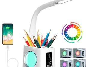 مصباح مكتبي LED للدراسة من wanjiaone مع منفذ شحن USB وشاشة وتقويم وضوء ليلي ملون ، مصباح طاولة LED قابل للتعتيم مع حامل قلم وساعة ، مصباح قراءة مكتبي للطلاب ، 10 وات