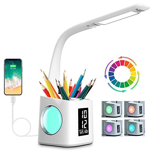 مصباح مكتبي LED للدراسة من wanjiaone مع منفذ شحن USB وشاشة وتقويم وضوء ليلي ملون ، مصباح طاولة LED قابل للتعتيم مع حامل قلم وساعة ، مصباح قراءة مكتبي للطلاب ، 10 وات مصباح مكتبي LED للدراسة من wanjiaone مع منفذ شحن USB وشاشة وتقويم وضوء ليلي ملون ، مصباح طاولة LED قابل للتعتيم مع حامل قلم وساعة ، مصباح قراءة مكتبي للطلاب ، 10 وات