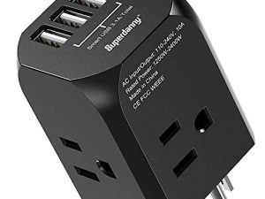موسع مخرج قابس الحائط ، مقسم مخرج SUPERDANNY مع 4 منافذ كهربائية و 3 منافذ USB شاحن مكعب متباعد عريض للغاية ، شاحن توصيل جداري معتمد من سفينة الرحلات لفندق النوم والمكتب المنزلي ، أسود
