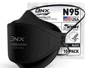 قناع BNX N95 أسود معتمد من NIOSH مصنوع في الولايات المتحدة الأمريكية ، قناع واقي لجهاز التنفس الصناعي ، كوب ثلاثي الطيات / نمط سمكي ، (10 عبوات ، رقم الموافقة TC-84A-9362 / موديل F95B) (عقال) أسود