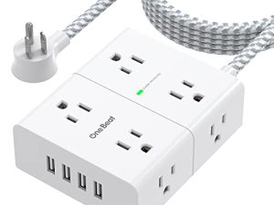 سلك تمديد 10 قدم ، شريط طاقة حامي تصاعد ، 8 منافذ واسعة 4 منافذ USB 10 قدم سلك طاقة طويل ، قابس مسطح ، حامل حائط ، 3-Side Outlet Extender Overload Protection للمنزل والمكتب ، ETL