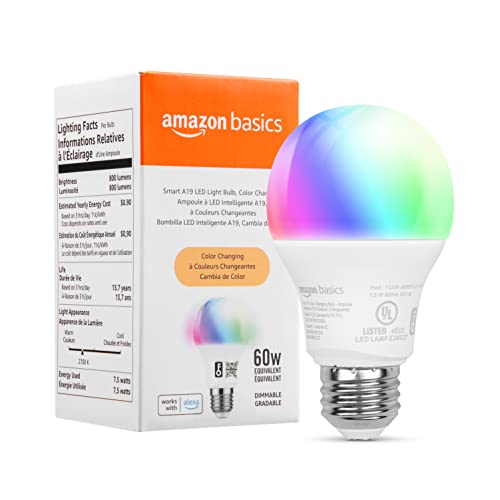 Amazon Basics Smart A19 LED Light Bulb ، تغيير اللون ، 2.4 جيجا هرتز Wi-Fi ، 60 واط ما يعادل 800LM ، يعمل مع Alexa فقط ، 1-Pack ، معتمد للبشر Amazon Basics Smart A19 LED Light Bulb ، تغيير اللون ، 2.4 جيجا هرتز Wi-Fi ، 60 واط ما يعادل 800LM ، يعمل مع Alexa فقط ، 1-Pack ، معتمد للبشر