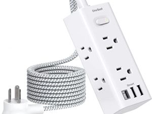 واقي عرام لشريط الطاقة - 6 منافذ على نطاق واسع مع 3 منافذ USB (1 USB C) ، وشريط موسع للمخرج من 3 جوانب مع سلك تمديد 5 Ft ، وقابس مسطح ، وحامل على الحائط ، وقطاع طاقة صغير لمنزل النوم والمكتب