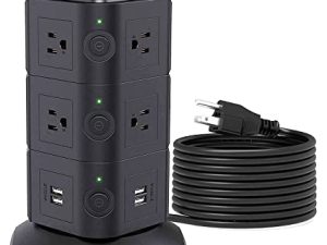 10ft Power Strip Tower JACKYLED Surge Protector محطة شحن كهربائية مع 13A 10 AC 4 منافذ USB سلك تمديد شديد التحمل للمنزل والمكتب والكمبيوتر المحمول ومنضدة للهاتف المحمول أسود