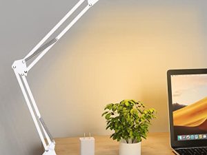 مصباح مكتب LED ، مصباح مكتبي بذراع متأرجح مع مشبك ، 3 إضاءة 10 أوضاع للعناية بالعيون سطوع ، مصابيح مكتب للقراءة للمنزل والمكتب تدور 360 درجة مع محول USB ووظيفة الذاكرة (مشبك أبيض من الألومنيوم)