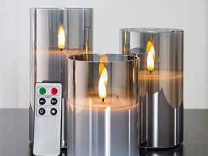 شموع عديمة اللهب زجاجية من Eywamage مع بطارية تعمل عن بعد وميض LED عمود شموع شمع حقيقي فتيل 3 عبوات D 3 "H 4" 5 "6" Grey
