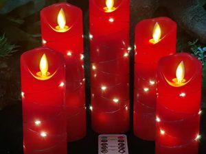 شمعة حمراء LED عديمة اللهب مع سلسلة نجمة مدمجة ، شمعة DANIP LED مكونة من 5 قطع مع 10 أزرار للتحكم عن بعد ، وظيفة مؤقت 24 ساعة ، لهب راقص ، شمع حقيقي ، بطارية تعمل بالطاقة. (أحمر)