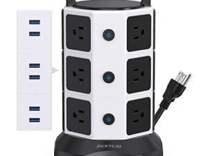 واقي تصاعد برج الطاقة ، JACKYLED 1625W 13A Outlet Surge Electric Tower ، 12 منفذًا 6 منافذ USB محطة شحن مع سلك تمديد شديد التحمل 16AWG 6.5ft للمنزل والمكتب
