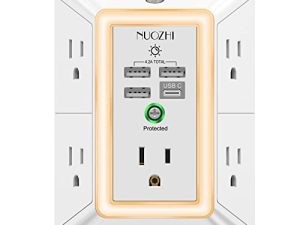 شاحن جداري USB ، شريط طاقة مع ضوء ليلي ، NUOZHI 5 Outlet Extender Surge Protector with 4 USB Ports (4.2A Total) ، 3-Sided 1680 Joules Multi Plug Outlets with Spacing Outlets ، - White , ETL Listed