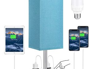 مصباح بجانب السرير مع منفذ USB ومخرج ، مصباح يعمل باللمس 3 اتجاهات قابل للتعتيم مع منفذ شحن USB لغرفة النوم ، مصباح طاولة أزرق صغير مع شاحن لمنضدة منضدة مكتب غرفة المعيشة (تشمل لمبة LED)