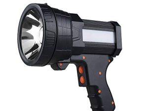 مصباح كشاف YIERBLUE قابل لإعادة الشحن ، مصباح يدوي LED فائق السطوع 100000 لومن مصباح كشاف يدوي 10000 مللي أمبير يدوم طويلاً مصباح كشاف كبير ومصباح للتخييم بالفيضانات مع حامل ثلاثي القوائم قابل للطي أسود