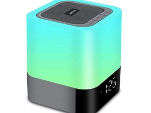 Aisuo Night Light-5 in 1 مصباح بجانب السرير مع مكبر صوت بلوتوث ، ساعة منبه رقمية 12 / 24H ، تحكم باللمس ، دعم بطاقة TF و SD ، مشغل موسيقى ، هدية للبنات والأولاد والمراهقين.