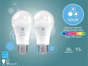 GE LED + لمبات الإضاءة المتغيرة اللون ، 18 لونًا و 5 أوضاع إضاءة ، لا يوجد تطبيق أو Wi-Fi مطلوب ، وحدة تحكم عن بعد ، لمبة إضاءة A19 (عبوتان)