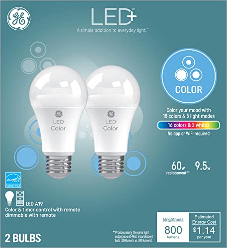 GE LED + لمبات الإضاءة المتغيرة اللون ، 18 لونًا و 5 أوضاع إضاءة ، لا يوجد تطبيق أو Wi-Fi مطلوب ، وحدة تحكم عن بعد ، لمبة إضاءة A19 (عبوتان) GE LED + لمبات الإضاءة المتغيرة اللون ، 18 لونًا و 5 أوضاع إضاءة ، لا يوجد تطبيق أو Wi-Fi مطلوب ، وحدة تحكم عن بعد ، لمبة إضاءة A19 (عبوتان)
