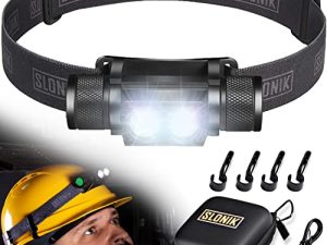 SLONIK كشافات قابلة لإعادة الشحن - 1000 لومن LED USB قابل لإعادة الشحن مع بطارية 2200 مللي أمبير - مصباح رأس IPX8 مقاوم للماء مع شعاع كشاف ساطع 60 قدمًا - معدات التخييم في الهواء الطلق والمشي لمسافات طويلة ، أسود