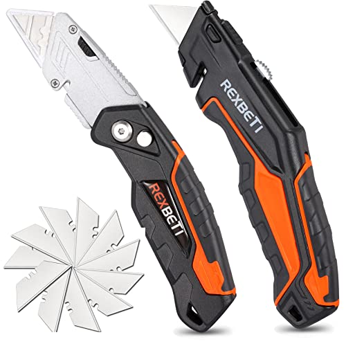 REXBETI 2-Pack Utility Knife ، SK5 شديدة التحمل قابلة للسحب للكرتون والكرتون والصناديق ، تصميم تخزين الشفرة ، 10 شفرات إضافية متضمنة REXBETI 2-Pack Utility Knife ، SK5 شديدة التحمل قابلة للسحب للكرتون والكرتون والصناديق ، تصميم تخزين الشفرة ، 10 شفرات إضافية متضمنة