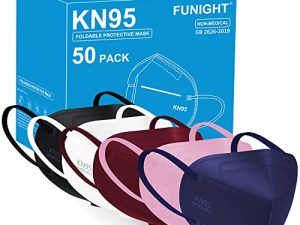 Funight KN95 قناع الوجه 5 طبقات كفاءة مرشح التهوية 95٪ كوب واقٍ من الغبار أقنعة يمكن التخلص منها ضد PM2.5 متعدد الألوان 50 عبوة