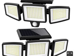 مصابيح شمسية خارجية ، WWimy 210 LED 2500LM أضواء مستشعر الحركة مع جهاز تحكم عن بعد ، 3 رؤوس مصباح كشاف LED للأمان ، IP65 مقاوم للماء ، مصباح جداري بإضاءة بزاوية عريضة 270 درجة مع 3 أوضاع (عبوتان)