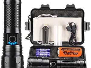 Relybo Flashlights High Lumens قابلة لإعادة الشحن ، 20000 لومن XHP70.2 مصباح يدوي فائق السطوع ، مصابيح يدوية تكتيكية عالية الطاقة ، مصباح يدوي قوي للطوارئ للتخييم والمشي لمسافات طويلة هدية