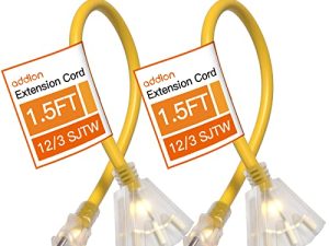 قطعتان من فاصل سلك تمديد خارجي بطول 1.5 قدم 12AWG مع 3 منافذ SJTW مقاوم للماء أصفر 3 شوكات ، كبل طاقة مرن شديد التحمل لحديقة المنزل أو المكتب ضوء مؤشر استخدام مدرج ETL