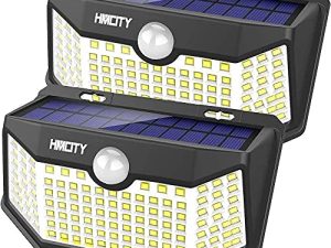 مصابيح HMCITY تعمل بالطاقة الشمسية في الهواء الطلق 120 LED مع عاكس للأضواء و 3 أوضاع إضاءة ، مصابيح أمان بمستشعر الحركة ، IP65 تعمل بالطاقة الشمسية مقاومة للماء لساحة الحديقة (عبوتان)