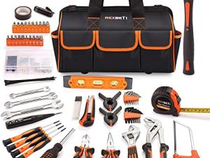REXBETI 219-Piece Premium Tool Kit مع حقيبة أدوات 16 بوصة ، مجموعة أدوات إصلاح المنزل الفولاذية ، حقيبة أدوات كبيرة لفتح الفم مع 19 جيوب