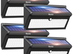 مصابيح باكسيا تكنولوجي تعمل بالطاقة الشمسية في الهواء الطلق مقاومة للماء 100 LED مستشعر أمان لاسلكي للحركة أضواء خارجية تعمل بالطاقة الشمسية للأبواب الأمامية والفناء الخلفي والخطوات والجراج والحديقة (2000LM ، 4 عبوات)