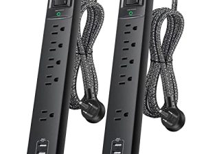عبوتان من واقي تصاعد التيار الكهربائي - 5 منافذ متباعدة على نطاق واسع 3 منافذ شحن USB ، 1875 واط / 15 أمبير مع سلك تمديد مجدول 6 أقدام ، قابس مسطح ، حماية من زيادة الحمل الزائد ، حامل حائط للمنزل والمكتب