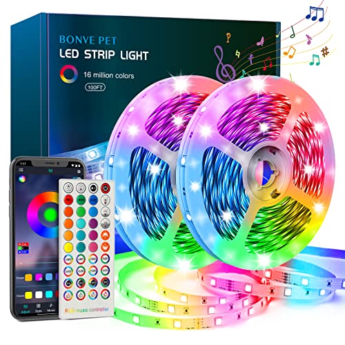 مصابيح LED من Bonve Pet 100ft لغرفة النوم ، أضواء LED متغيرة الألوان مع جهاز تحكم عن بعد والتطبيق 5050 RGB LED Strip Lights مصابيح LED من Bonve Pet 100ft لغرفة النوم ، أضواء LED متغيرة الألوان مع جهاز تحكم عن بعد والتطبيق 5050 RGB LED Strip Lights