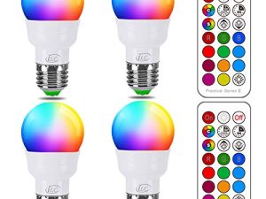 لمبة إضاءة ILC RGB LED ، لمبة إضاءة متغيرة اللون ، مكافئ 40 وات ، 450 لومن ، 2700 كلفن أبيض دافئ 5 وات E26 قاعدة لولبية RGBW ، لمبة ضوء الفيضانات - 12 لونًا - تحكم عن بعد بالأشعة تحت الحمراء للتوقيت (4 عبوات)