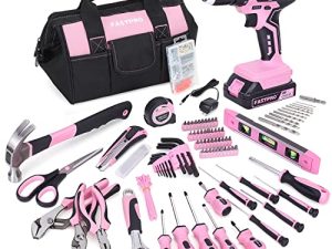 FASTPRO 232-Piece 20V Pink Cordless Lithium-ion Drill Driver and Home Tool Set ، مجموعة أدوات إصلاح المنزل للسيدات مع حقيبة أدوات تخزين بفتحة واسعة مقاس 12 بوصة