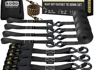أشرطة ربط سقاطة من AUGO –4 PK– 15 FT - 2،200 LB Break Strength - خطافات S قفل الأمان - لنقل البضائع ، والأجهزة ، ومعدات الحديقة ، والدراجات النارية - تتضمن 2 حبال بنجي ، 4 حلقات ناعمة ، حقيبة تخزين