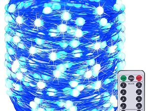 SANJICHA 66Ft 200LED Fairy Lights في الهواء الطلق / داخلي ، أضواء خرافية فائقة السطوع مع جهاز تحكم عن بعد ، سلك نحاسي مقاوم للماء 8 أوضاع أضواء لعيد الميلاد وحفلات الزفاف وحفلات الزفاف (أزرق)